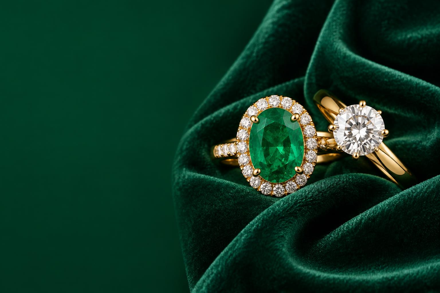Emerald and diamond rings in yellow gold on emerald velvet
